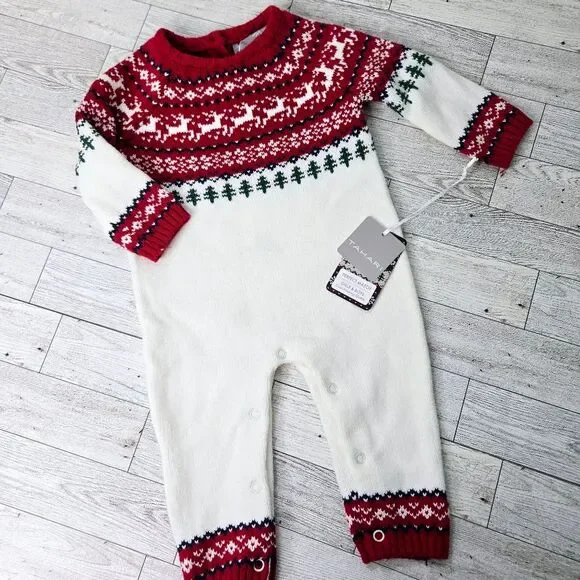 Tahari Christmas Holiday Knit Sweater Onsie Coverall Set Matching Hat 3-6 Months